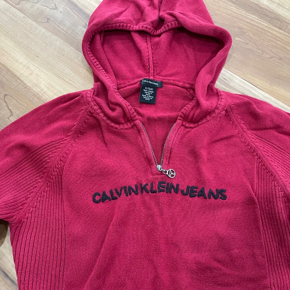 Calvin Klein Jeans Red Ribbed 1/4 Zip Hoodie L/XL